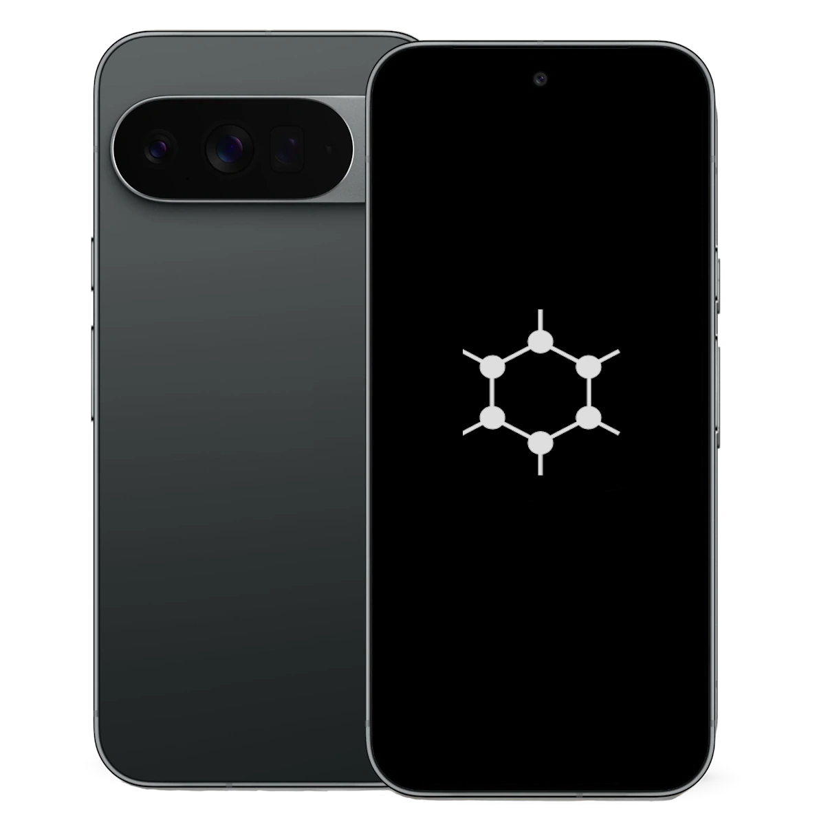 Google Pixel phone running GrapheneOS with the GrapheneOS molecular logo on screen